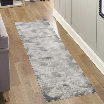 Geometric + Grey Machine - Made Runner Rug, 118 In. X 31 In., For High Traffic Areas, & Pet Safe, Area , Suitable Living Rooms, Comfortable