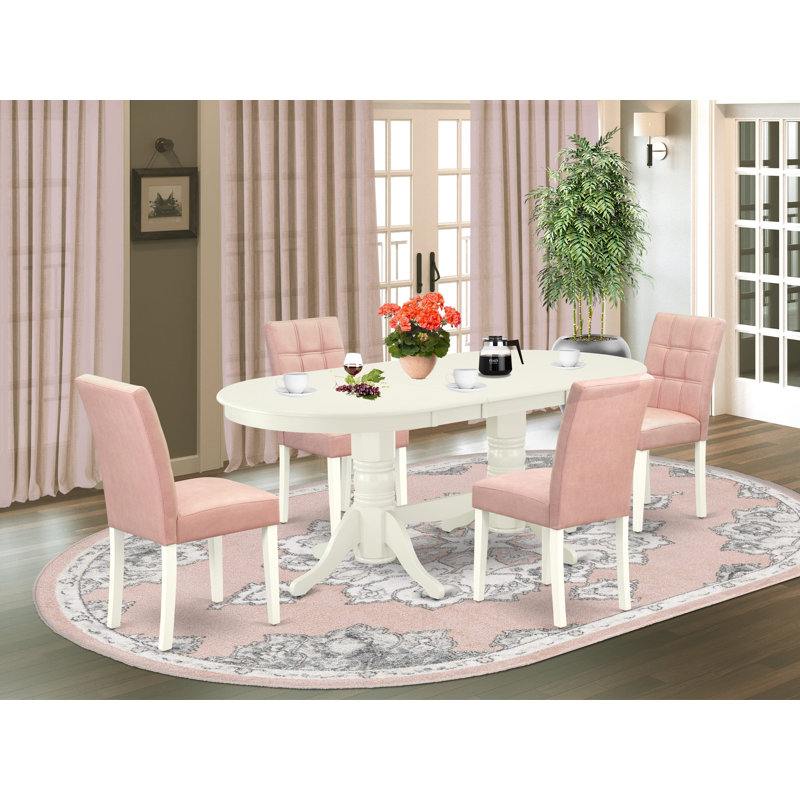 Ensemble de table de salle à manger 5 pièces Mid-Century comprenant une table en bois et 4 chaises rembourrées en similicuir beige avec dossier élégant - lin blanc