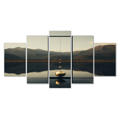 Golden Sphere of Zen Serenity - Abstract Landscape Wall Art, toile 5 pièces