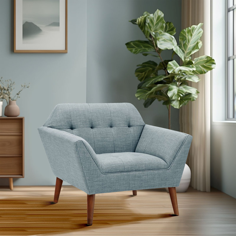 Merrylite  37" Wide Upholstered Armchair with Tufted Backrest, Light Blue Basketweave
