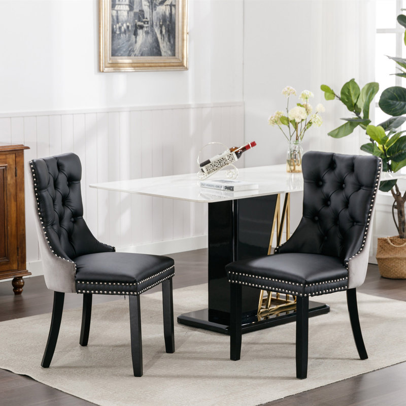 High-End Tufted Solid Wood Contemporary PU And Velvet Upholstered Dining Chair With Wood Legs Nailhead Trim  2-Pcs Set, Black
