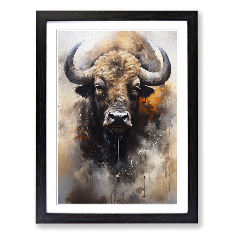 Buffalo Gestural No.4 - Single Picture Frame Print on Wood, Black, 34cm H x 25cm W x 2cm D