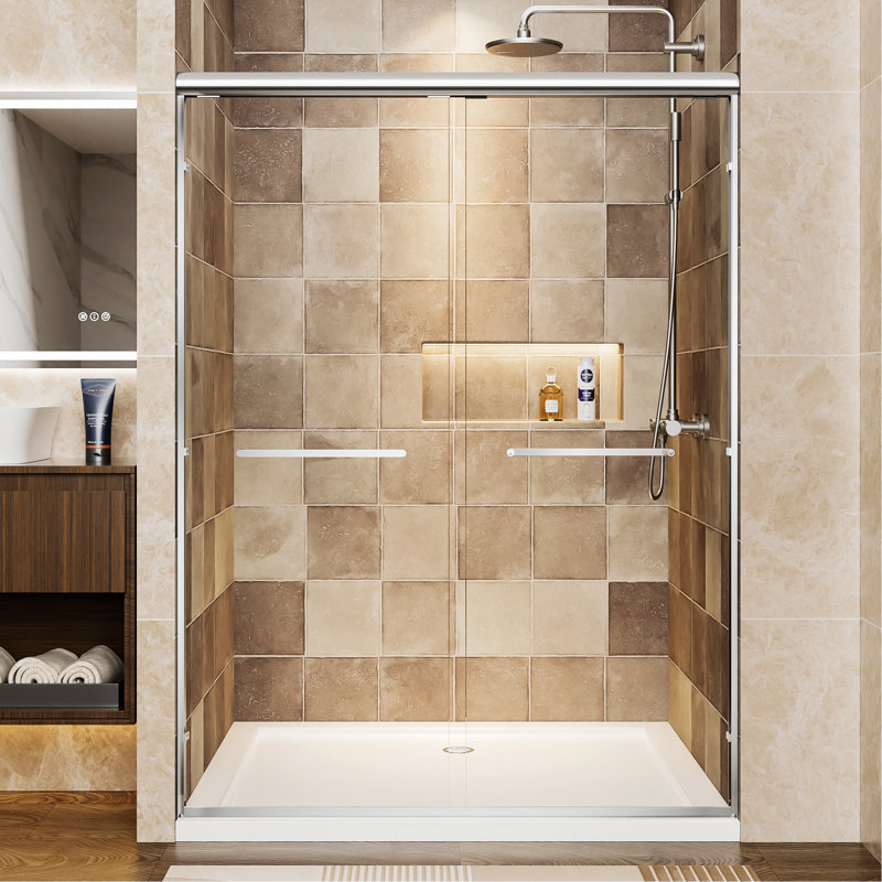 Aluminum Frame Double Sliding Shower Door, Tempered Glass Shower Door With Explosion-Proof Film And Stainless Steel Handles