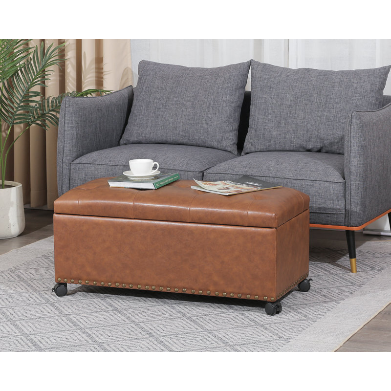 35” Rectangular Faux Leather Storage Ottoman Bench With Casters, Light Brown