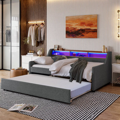 Upholstered Sofa Bed with LED Lights, Wireless Charging & Trundle | Storage Headboard, Foldable Leg Pull‑Out Trundle | Linen Padded Sofa Bed Frame for Living Room, Guest Room, or Home Office