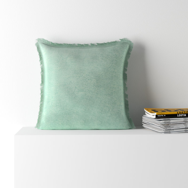 Julianne 20 Inches Square Stonewashed Linen Pillow with Fringe, Mint