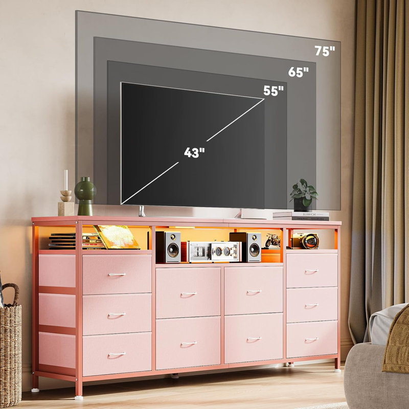 Meuble télé 63 po, 10 tiroirs, lumières DEL, ports de charge, rose 63 po