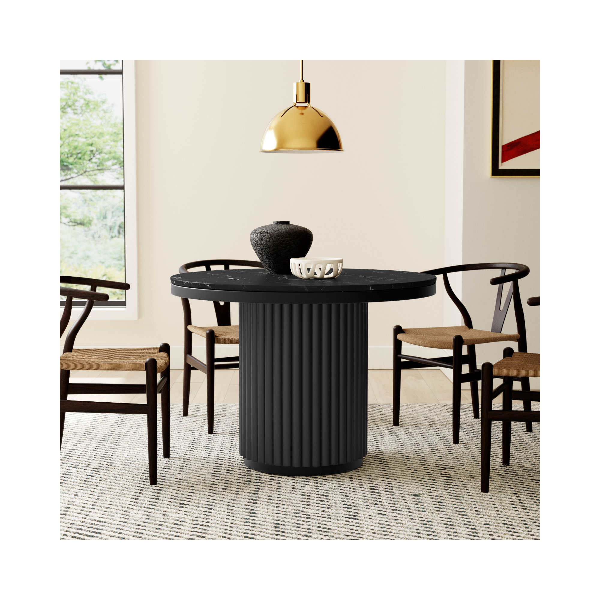 Ione 42" Pedestal Dining Table, Black Marble/Black