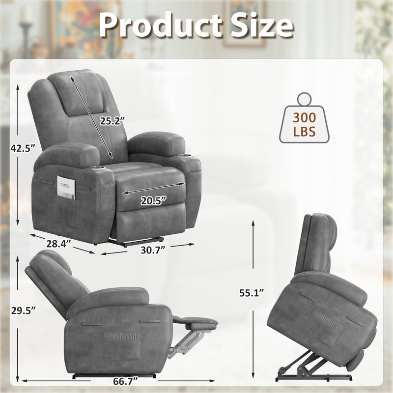 Fauteuil inclinable électrique avec fonction de massage, adapté aux personnes âgées, 3 positions réglables, 2 poches latérales et porte-gobelets, similicuir