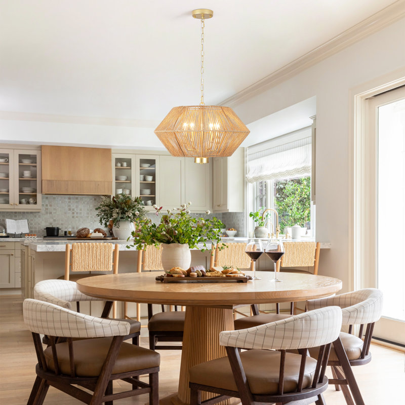Bequette 4 - Light Dimmable Drum Chandelier Hand-woven Natural Rattan Bohemian Pendant, Painted Gold