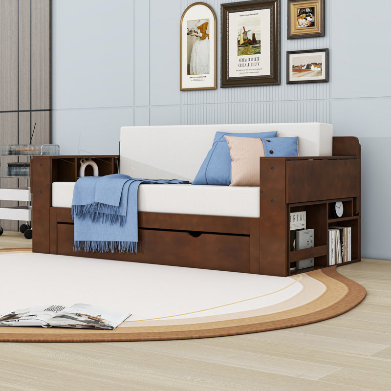 Wood Daybed with Desk and Storage Drawers and Shelves, Full, Espresso