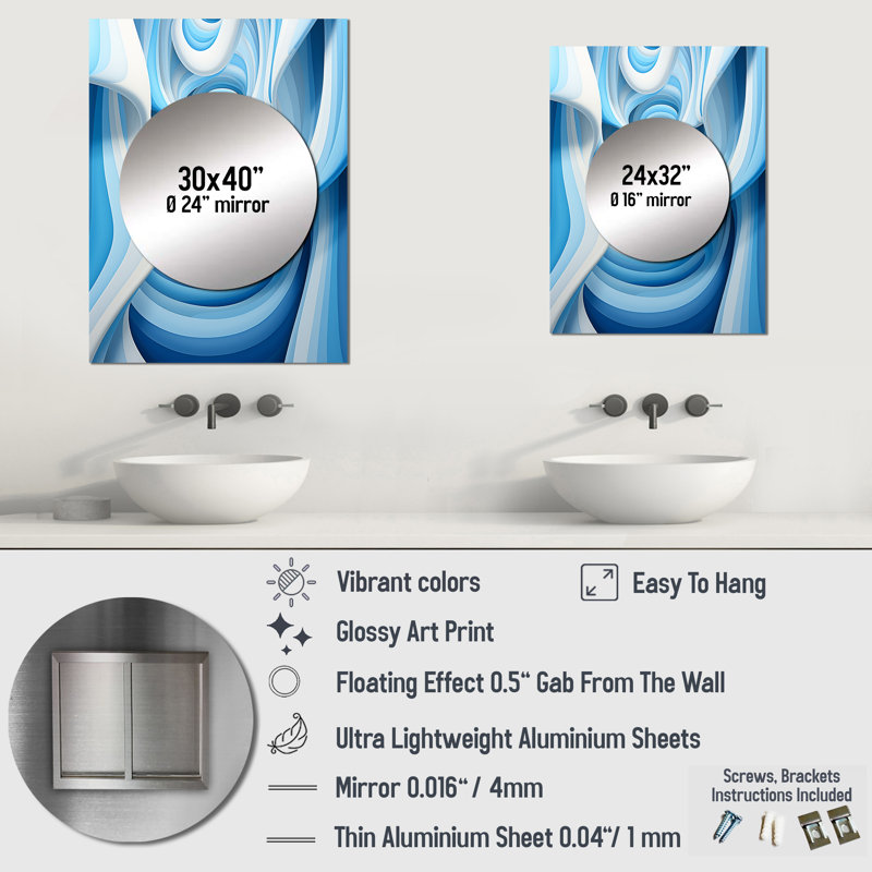 Lovrien Op Art Blue Focus III - miroir décoratif Op Art, miroir mural moderne, impression d'art en métal, 32 po x 24 po