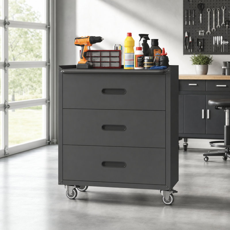 34.65" Heavy-Duty 3-Drawer Metal Tool Storage Cabinet with Wheels, Rolling Garage & Workshop Organizer with Raised Worktop, Lockable Casters, Smooth Glide Drawers, Black/Gray