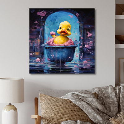 Playful Duck In Bathaign II - Art mural en métal pour salle de bain