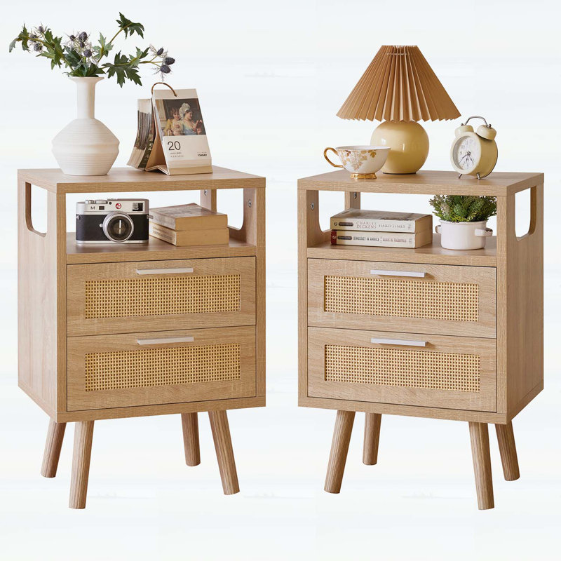 Ensemble de 2 tables d'appoint modernes avec 2 tiroirs, Natural