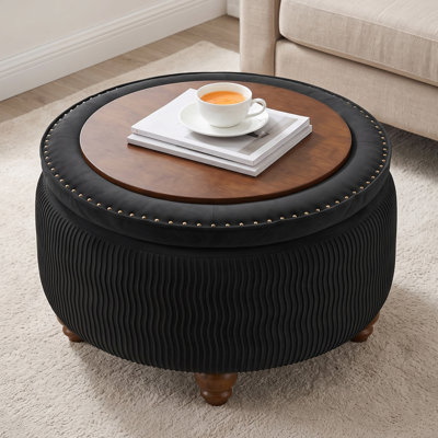 Pouf de rangement rond capitonné en velours de 71 cm de large avec pieds massifs en forme de gourde