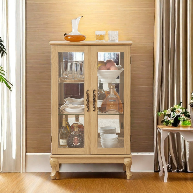 Vitrine 2 portes avec portes en verre trempé, armoires de terrasse avec panneau arrière en miroir et tablettes réglables, vitrine éclairée pour la maison, ampoule de bureau incluse