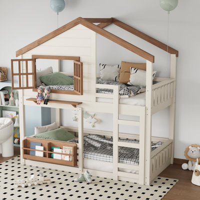 Twin Size Bunk Bed/Loft Bed With Bookshelf, House Design, High-Quality Safety Fencing,Beige & Natural
