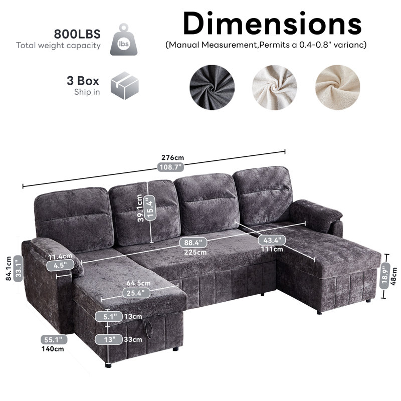 Canapé-lit modulaire en U rembourré de 108,7 po avec poches de rangement et ports USB, Chenille grise foncée
