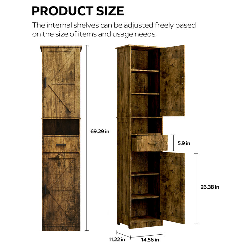 69" H Tall Bathroom Storage Cabinet With 2 Barn Doors And 1 Drawer, Narrow Storage Unit, Adjustable Shelves,Floor Cabinet For Bathroom, Living Room, Entryway,Kitchen,(Vintage Color)