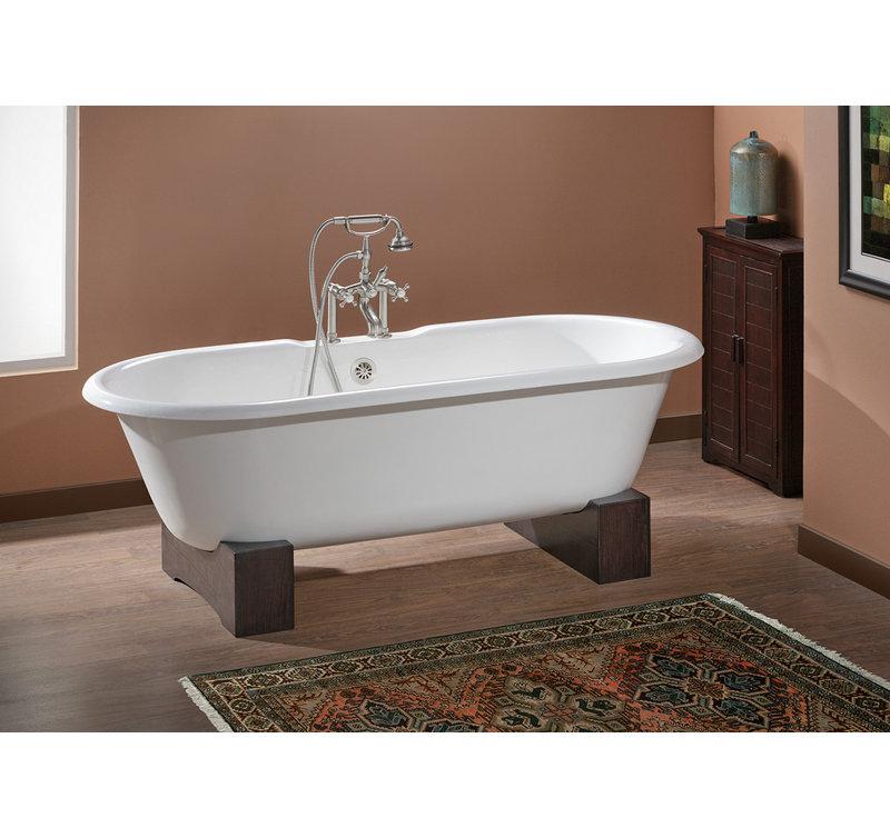 Baignoire de trempage autoportante en fonte 68 po. X 31 po. Crellen, Hêtre foncé, Intérieur et extérieur blancs