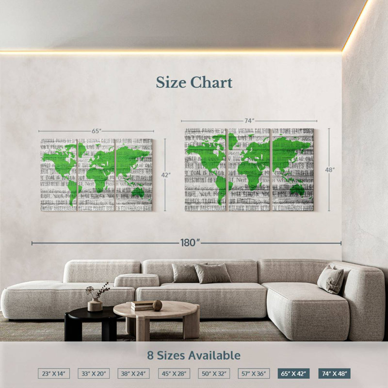 Senne Travel Quotes World Map Green, 42" H x 65" W