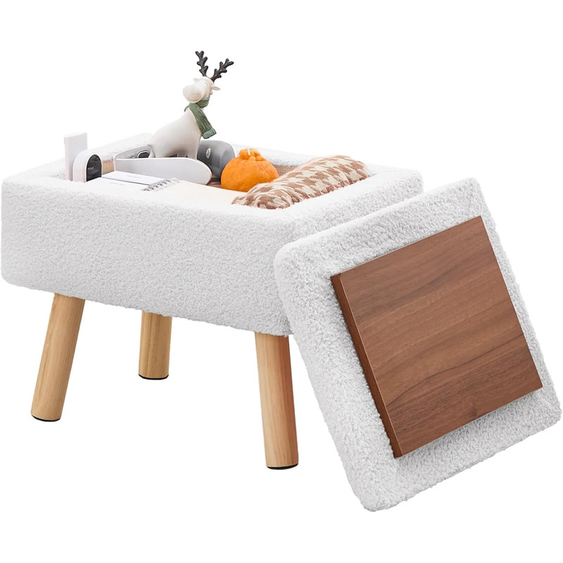 Petit tabouret d'appoint avec repose-pieds en bois, Blanc