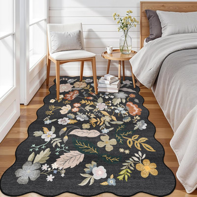 Hallway Rug Washable: Extra Long Floral Scalloped Carpet Non Slip Boho Rug for Indoor Entryway Stain Resistant Rug for Living Room
