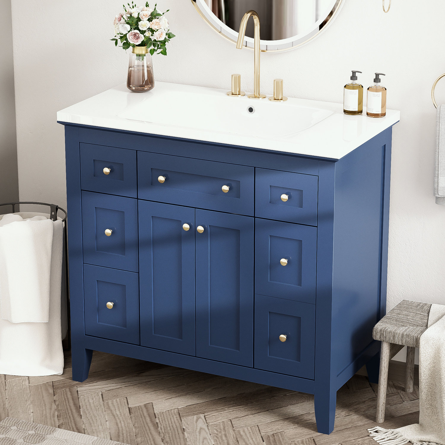 Wildon Home Bathroon Vanity with Resin Sink Combo Set 6 Drawers and 2