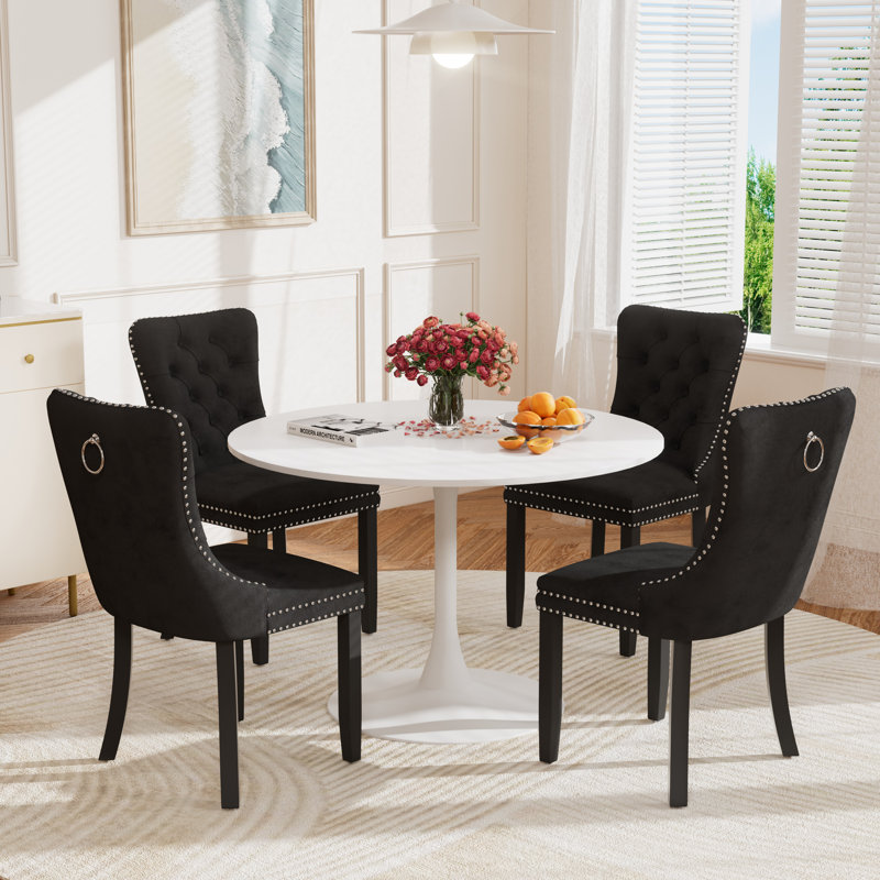5-Piece Modern Dining Set: 42.1" Marble-Look MDF Table & 4 Velvet Upholstered Chairs, Blanc, Noir, noir, noir, noir