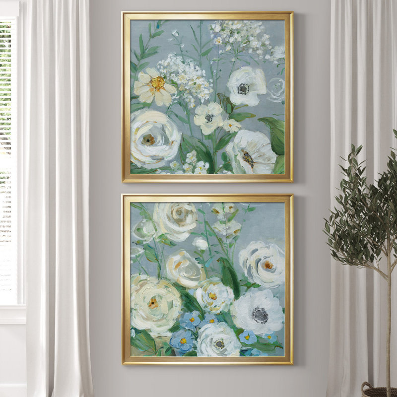 Painterly Garden I - Ensemble de 2 peintures sur papier encadrées, Pas de tapis, Papier encadré doré