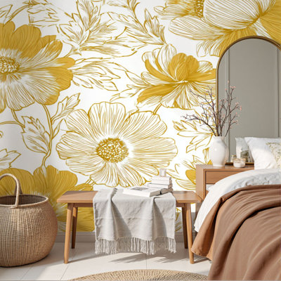 Papier peint auto-adhésif à motif floral délicat à motif floral jaune H 69 po x l 96 po Peel and Stick