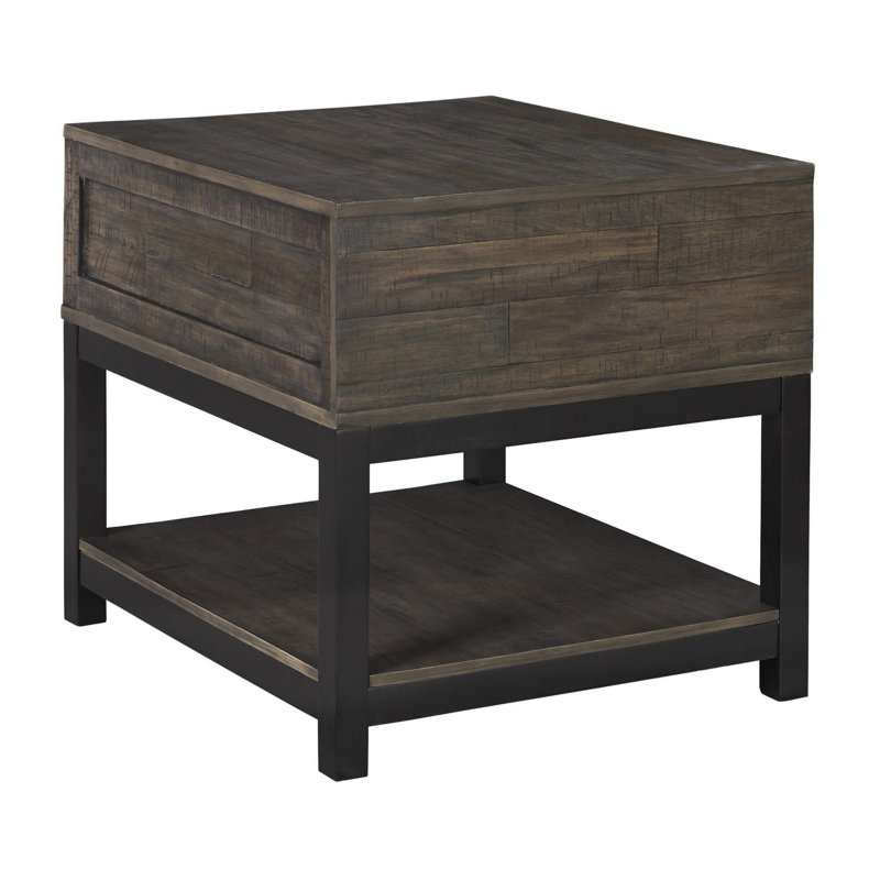 Rustic Brown and Black Rectangular Wood End Table with Storage