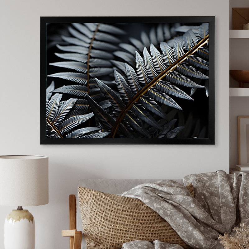 Fougères monochromes - Plantes, impressions d'art mural, Cadre flottant doré, H 16 po x l 32 po