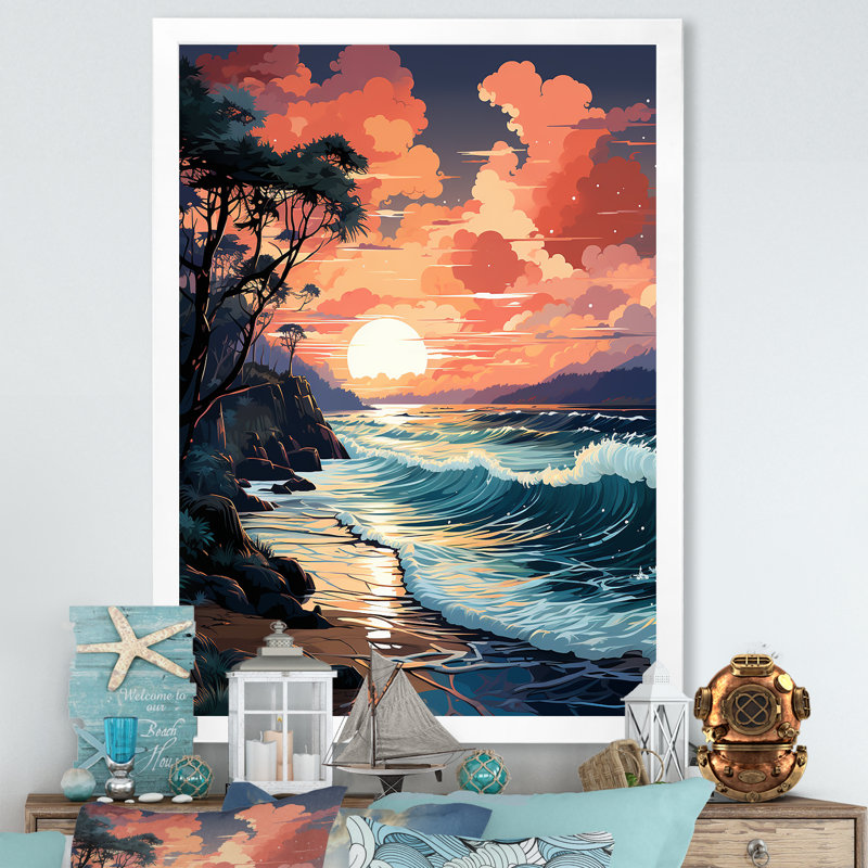Coucher de soleil orange sur une plage audacieuse II - art mural plage, H 32 po x l 16 po x P 1 po, Cadre photo blanc