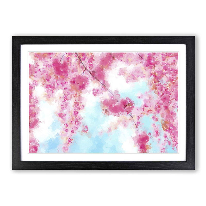 Pink Cherry Blossom Tree in Spring in Abstract - Picture Frame Painting Print on MDF, 35cm H x 50cm W x 2cm D, Black