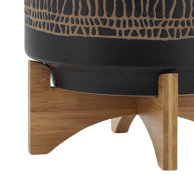 Ceramic Planter with Bamboo Stand - Decorative Indoor and Outdoor Plant Pot with Modern Textured Design - Stylish Home and Garden Accent for Flowers, Succulents, or Herbs