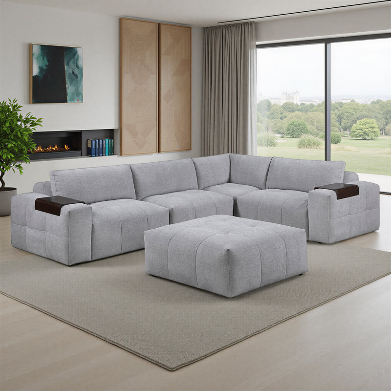 Providence 143" Modern & Contemporary 5-Piece Modular Sectional Sofa with Ottoman, Gray Textured Fabric