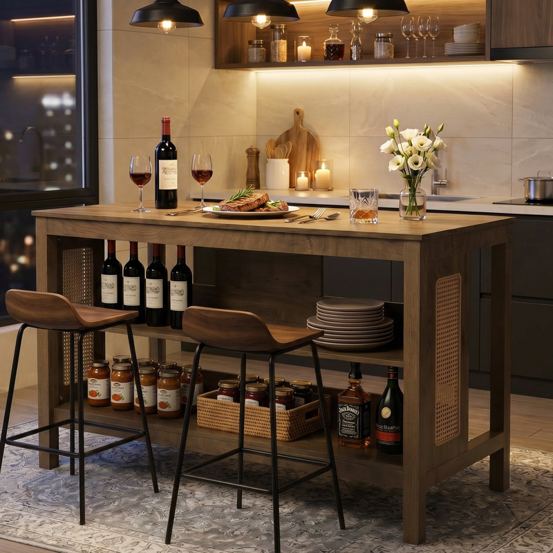 Îlot de cuisine 59 po avec tablettes de rangement et décorations en rotin, îlot de cuisine à hauteur de comptoir pour la cuisine, la salle à manger