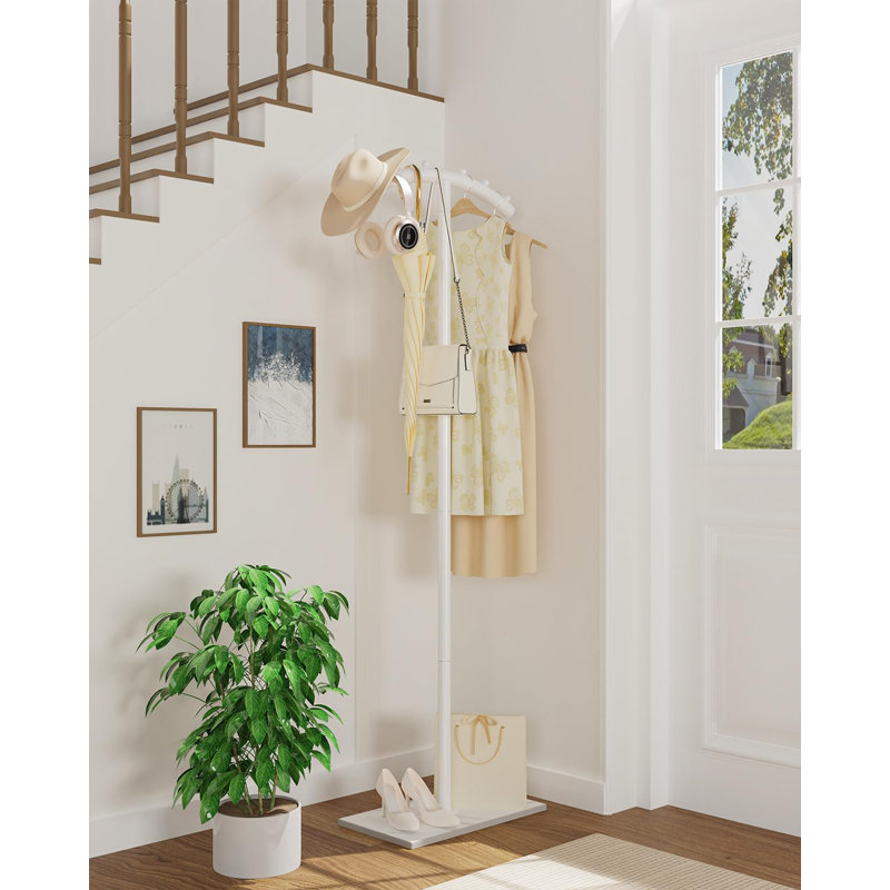 Arcuate Garment Rack, T-Shaped Coat Tree Freestanding, Metal Coat Racks, Natural Stable Rock Base, Suitable For Entrances, Corridors, Halls, 68.9In, White