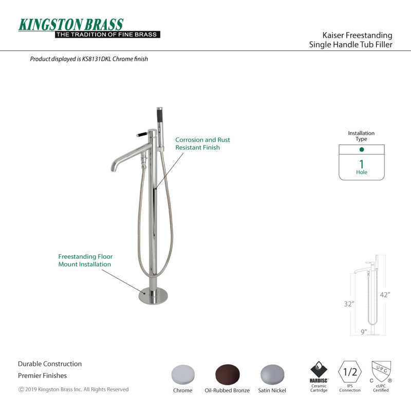 Kingston Brass Kaiser Single-Handle 1-Hole Freestanding Tub Faucet with Hand Shower, Polished Chrome