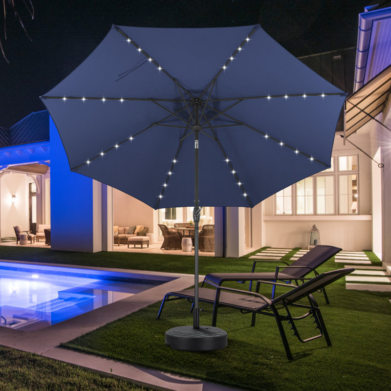 Parasol de terrasse de 3 m avec éclairage, base et moustiquaire., Marine