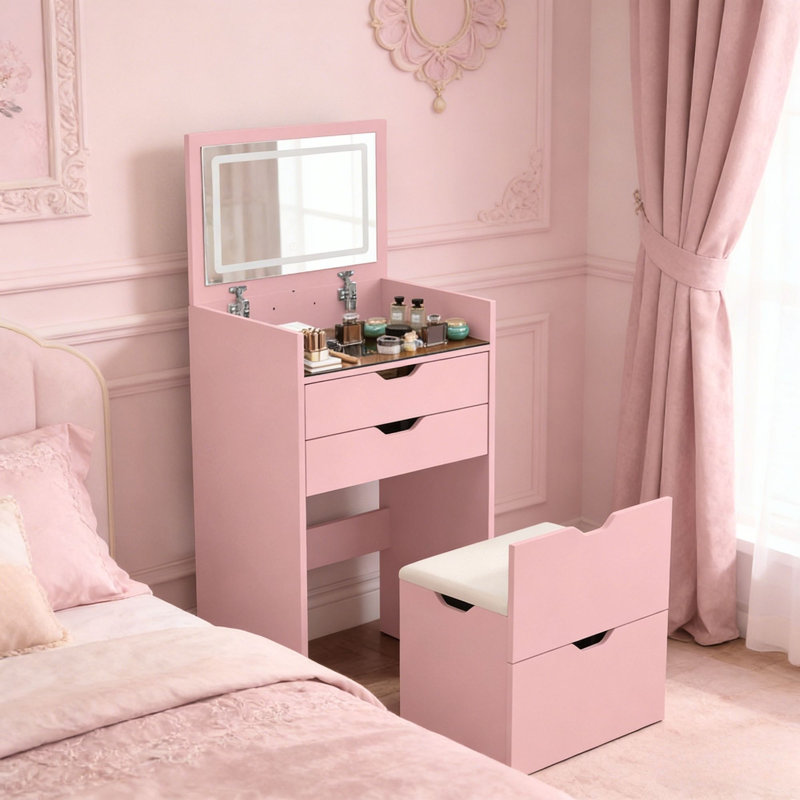 3-in-1 Vanity Table With Flip-up Mirror And Lights, Space-saving Makeup Desk With Hidden Stool And Storage Drawers, Pink