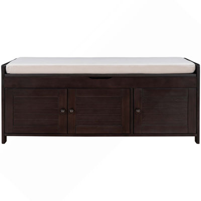 Storage Bench With 3 Shutter-Shaped Doors, Shoe Bench With Removable Cushion And Hidden Storage Space
