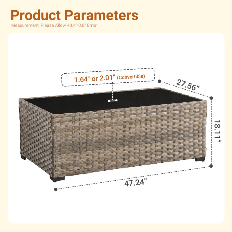 Rectangular Wicker/Rattan Outdoor Coffee Table With Umbrella Hole, Light Gray