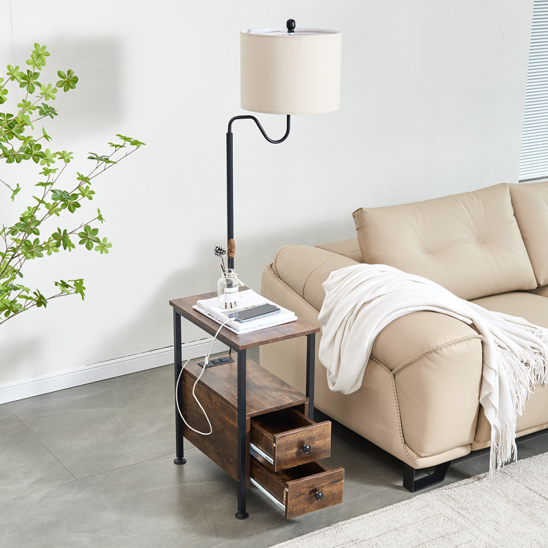 Gorbold 2 Drawers End Table Floor Lamp with Charging Board, Brown