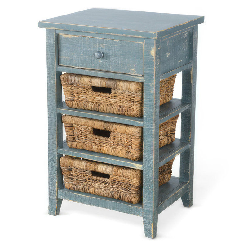 Table de bout Rena, 3 paniers de rangement en rotin naturel, bois de 20 pouces, Vert