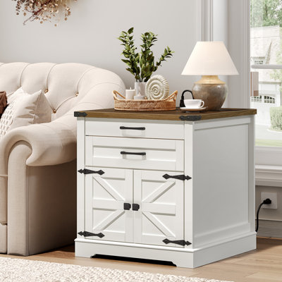 Brisson 23.6"W Farmhouse End Table with Charging Station, Sofa Side Table with 2 Drawers and Barn Door, Large Rustic Wooden Square Nightstand