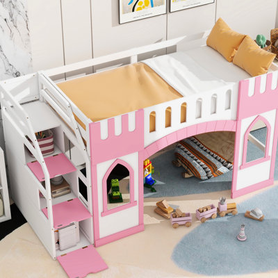 Pink Twin Size Loft Bed With Storage Staircase And Charming Sight Window - Stable Wood Compact In Robust
