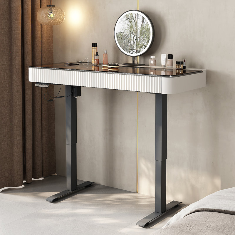 Makeup Vanity Set,Height Adjustable, USB Power Outlet, Glass Top, Storage Drawer, Black/Beige, 50" W x 23“ D x 29.5” H